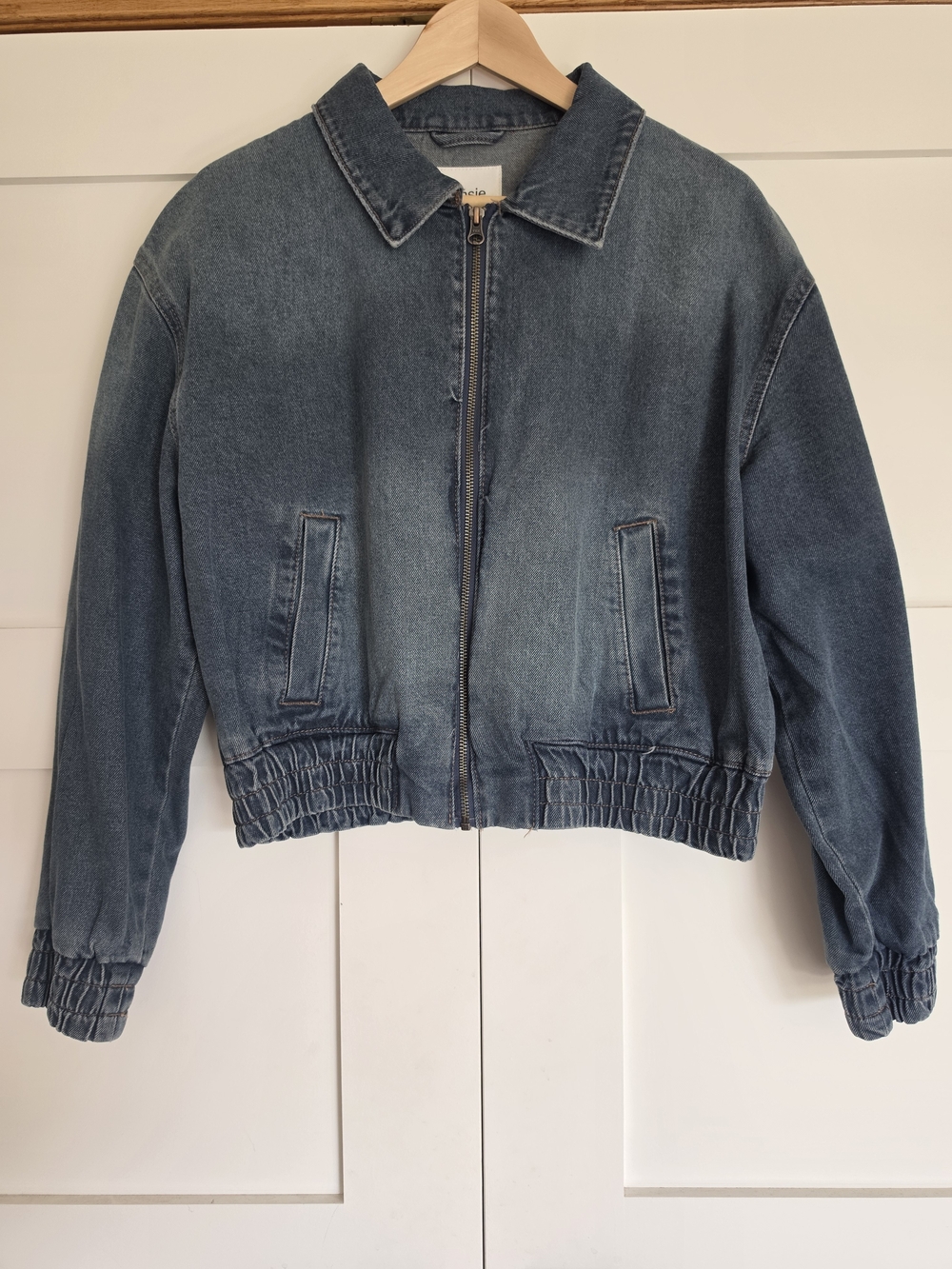 Kensie Blue Washed Denim Zip Bomber Jacket